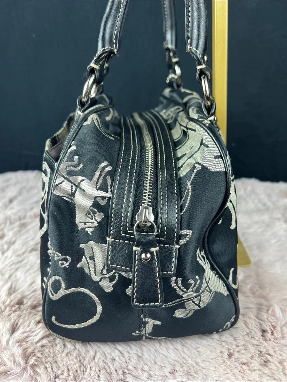 Coach Horse & Carriage Jacquard Satchel Black Leather Handbag F14481 EUC